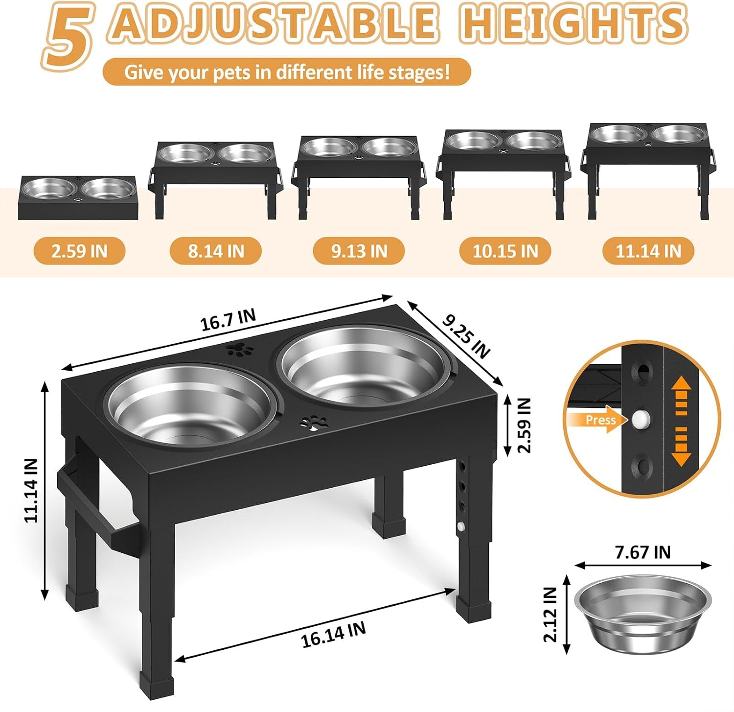Elevated Dog Bowls Stand Large Breed, Height Adjustable Raised Dog Bowls Holder with 2 Stainless Steel Food Bowls for Small, Medium and Large Canine，Black