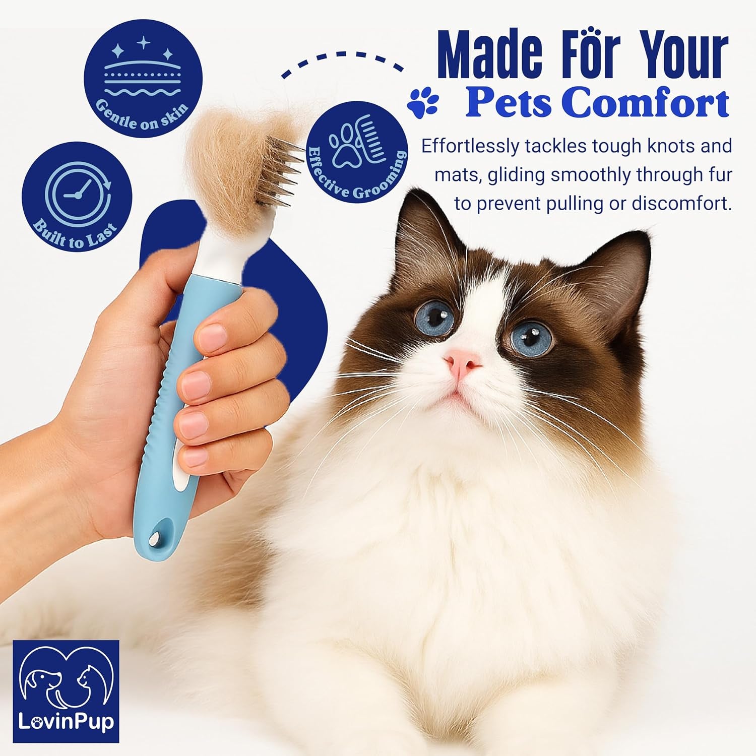 Pet Mat Remover – Professional Dematting Comb for Dogs and Cats | Dematting Comb W/Stainless Steel Rounded Teeth for Gentle Knot & Tangle Removal – Dog Dematting Tools & Dog Grooming Supplies