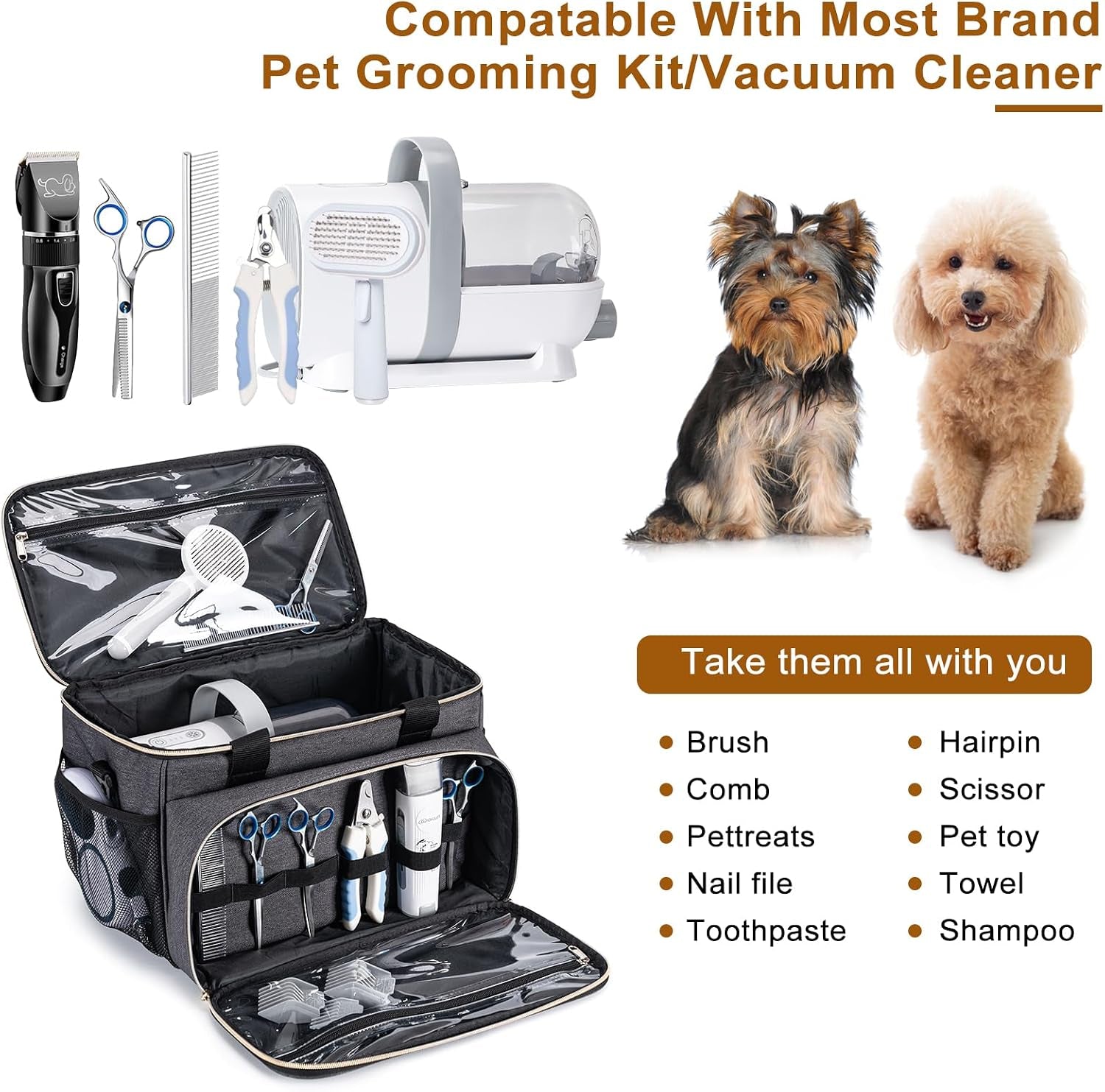 Dog Grooming Vacuum Bag, Pet Grooming Kit Bag Perfect for Dog Hair Vacuum & Grooming Tool Kit Accessories- Grey