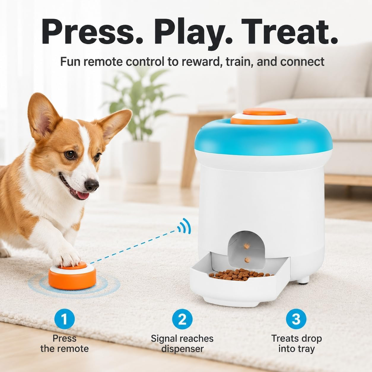 Interactive Dog Treat Dispenser Toy with Remote Button, Dog Puzzle Feeder & Slow Feeder for Bored Dogs, Mental Stimulation Reward Training Toy with 8 DIY Stickers