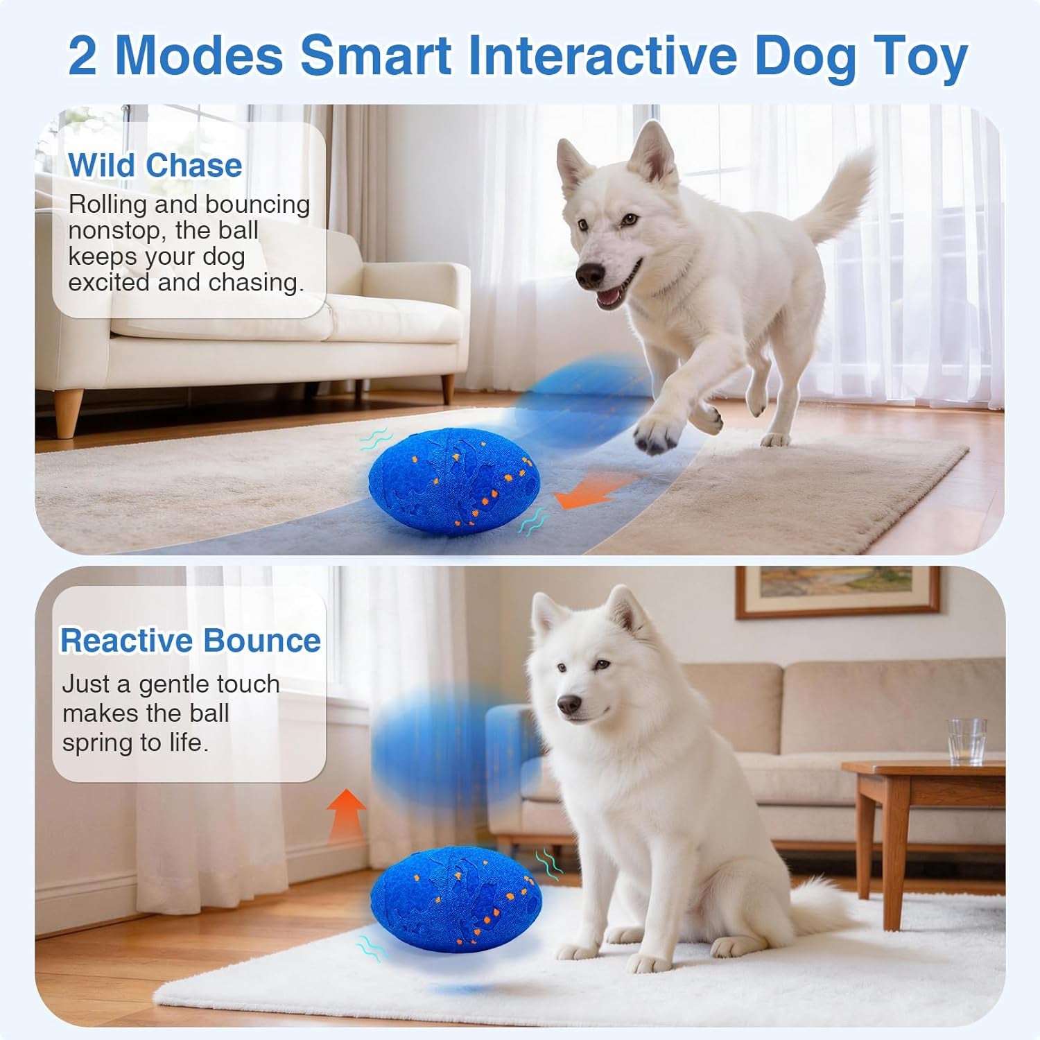 Interactive Dog Toy Balls, Pet Ball Toys Automatic Moving Bouncing and Rotating, Solid E-TPU Material, IPX7 Waterproof Active Rolling Balls for Small, Medium and Large Dogs(Vbleu)
