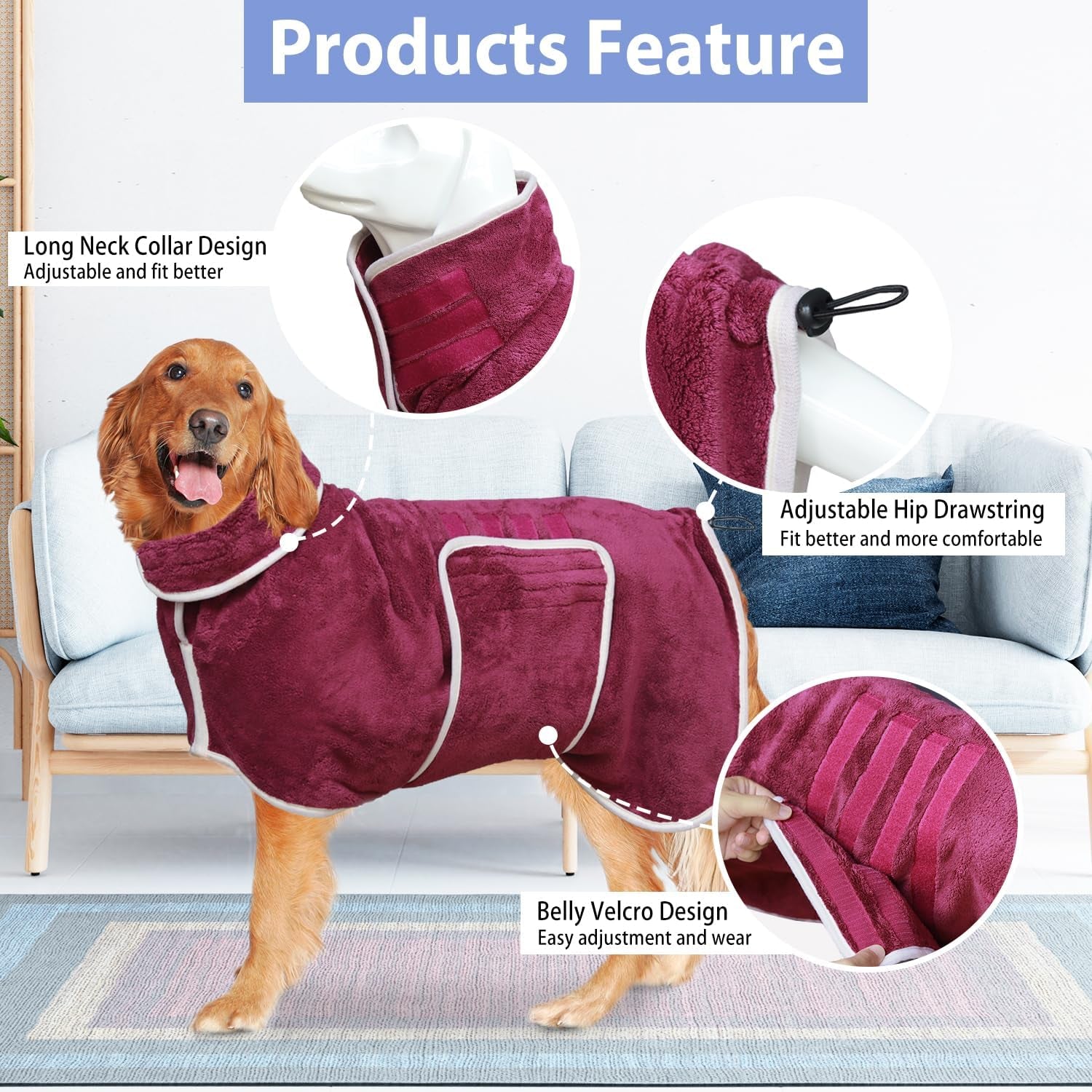 Dog Bathrobe Towel Drying Coat - Super Absorbent Dog Towels Bath Robe for Drying Dogs Large, Soft Adjustable Collar & Belly Strap Fast Drying Coat Pet Dog Cat Bath Robe Towel (Blue, Large)
