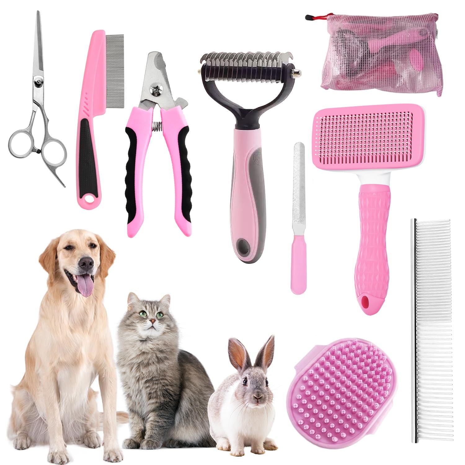 Bath Grooming Kit for Pets - Hair Brush Set with Towel, Washing Gloves, and Shampoo Scrubber Brush for Dogs and Cats (Pink)