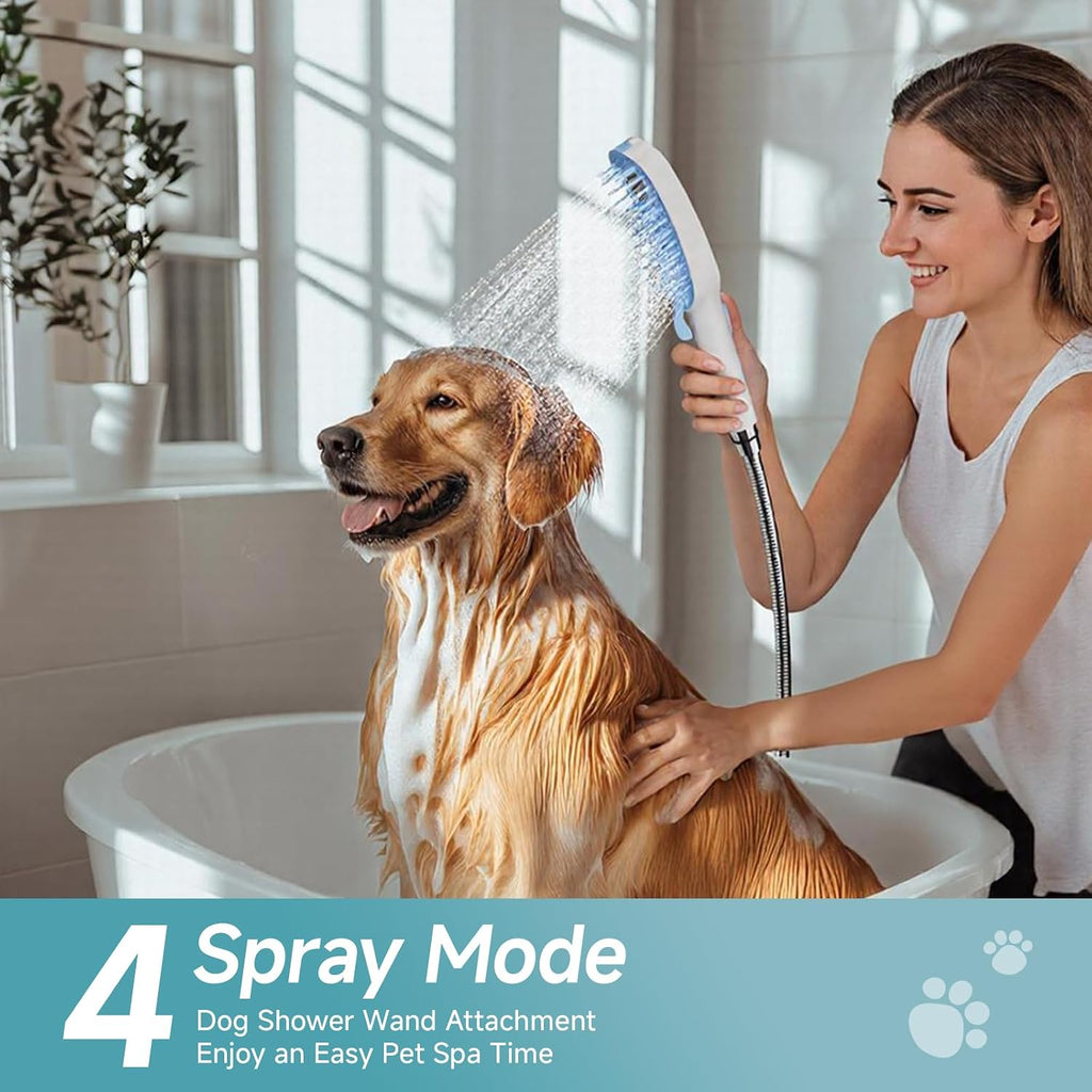 Dog Shower Attachment with 4 Adjustable Settings, Indoor and Outdoor Use | Easy-To-Install Dog Shower Brush for Bathing and Grooming, Blue/White
