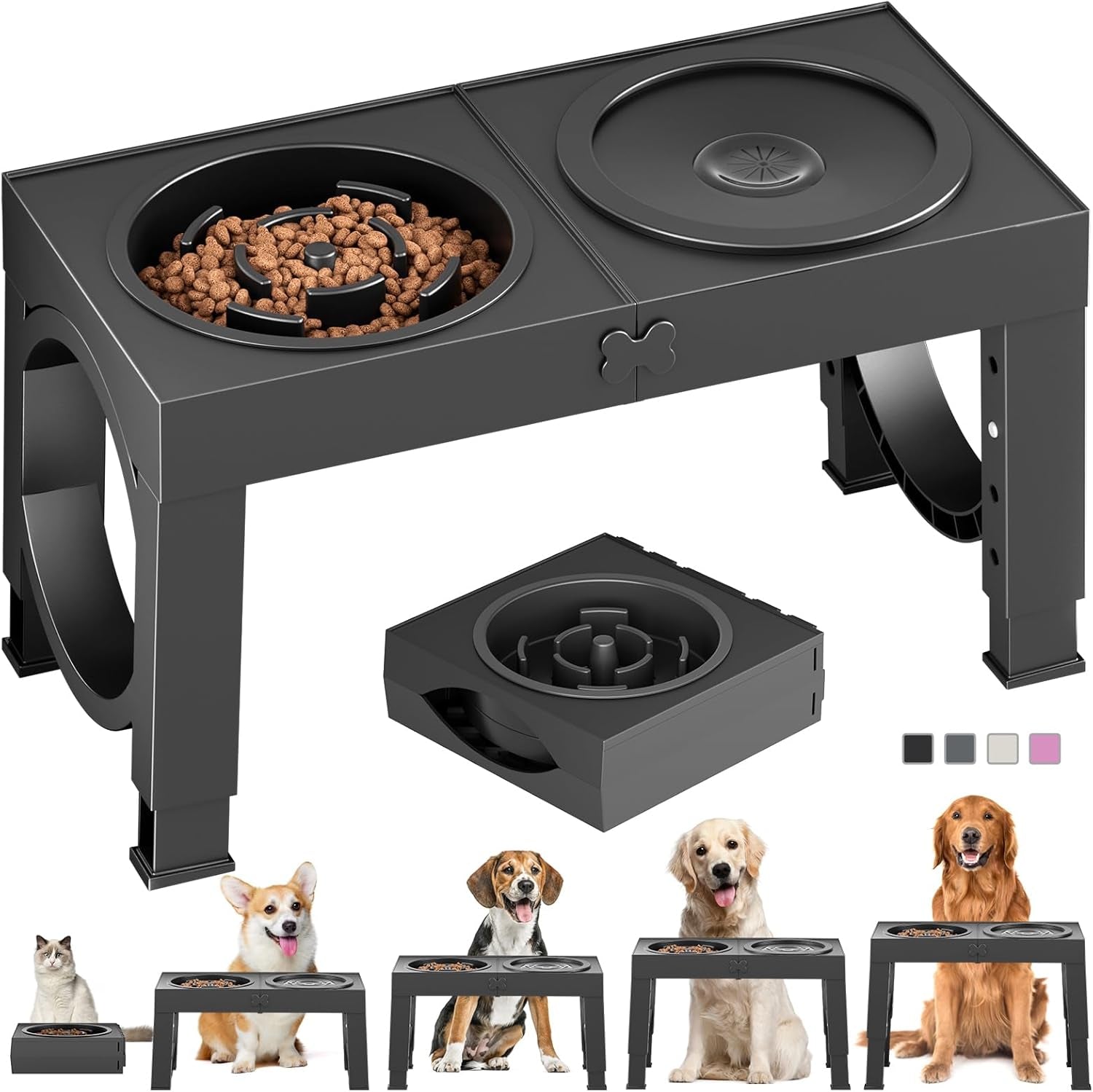 Elevated Dog Bowls Large Breed Raised Dogs Bowl Stand Large/Medium Sized Dog Slow Feeder Dogs Bowls Food Water Stands 5 Heights Adjustable 9/11/12/14In Pet Feeder Dish Station