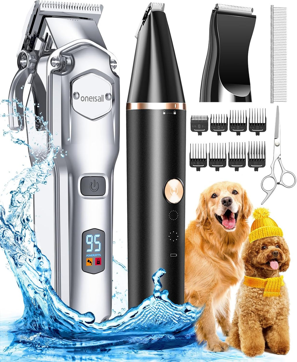 Dog Grooming Kit for Thick/Matted Hair with Stainless Steel Blade | Powerful Motor, Dog Clippers+Paw Trimmers, IPX7 Waterproof, Low Noise, Cordless & Long Battery Life