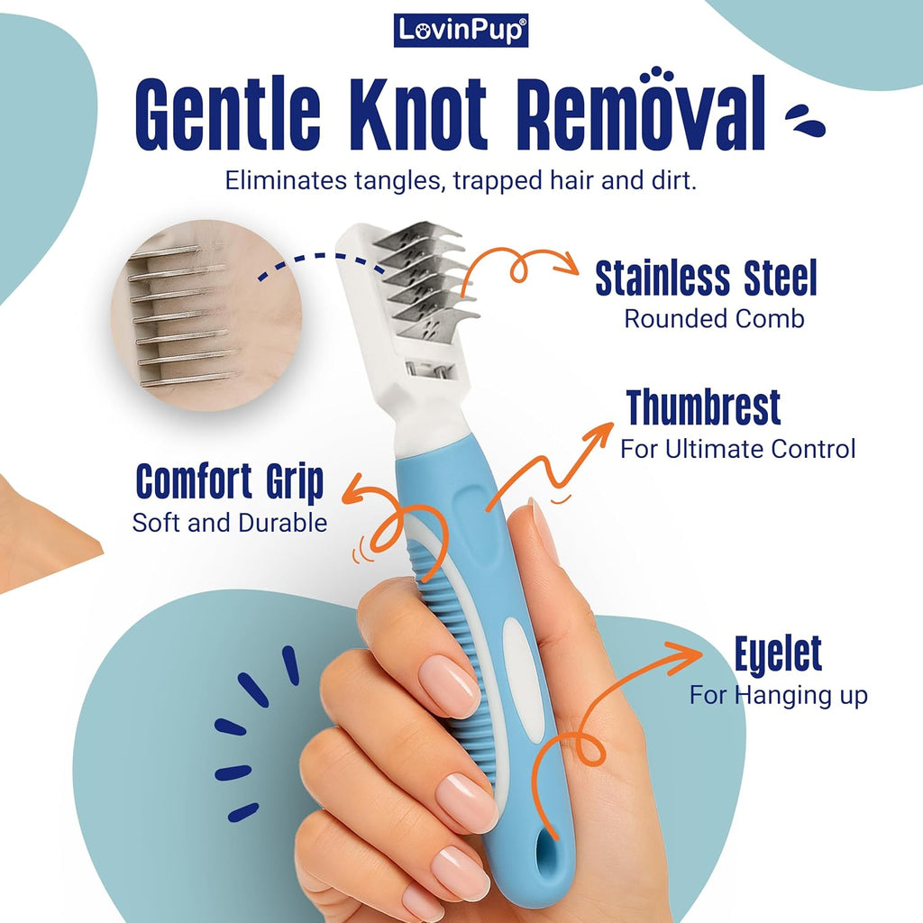 Pet Mat Remover – Professional Dematting Comb for Dogs and Cats | Dematting Comb W/Stainless Steel Rounded Teeth for Gentle Knot & Tangle Removal – Dog Dematting Tools & Dog Grooming Supplies