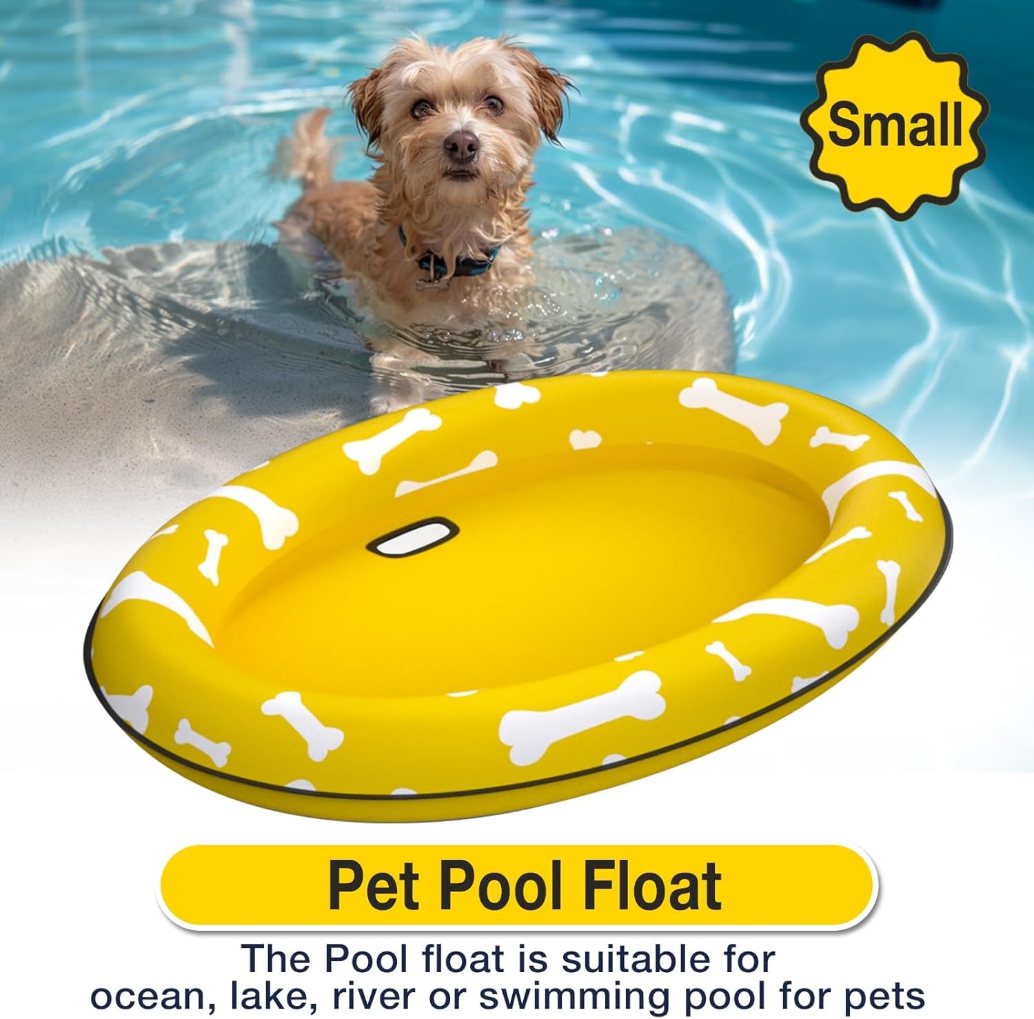Dog Float Raft - Inflatable Dog Swimming Float for Summer (Small, Yellow Bones)