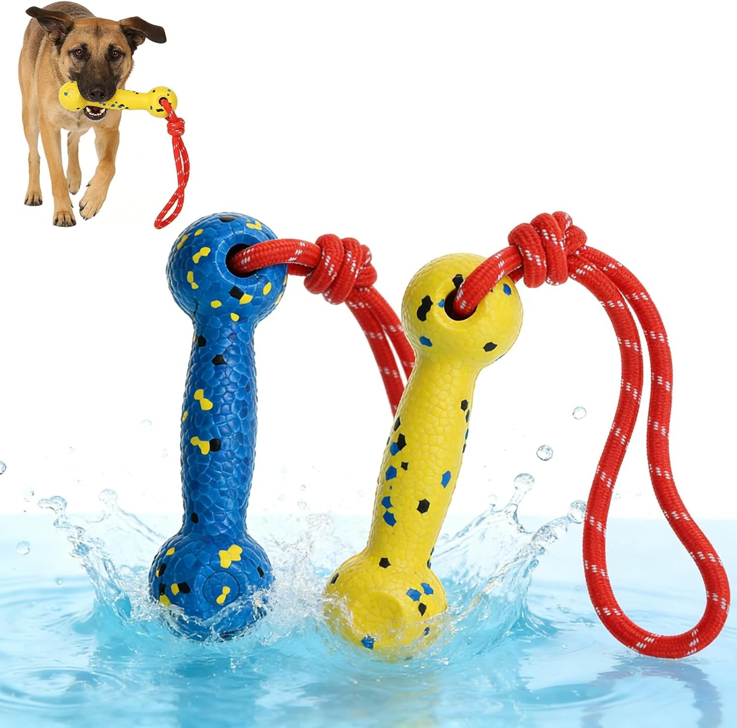 Floating Dog Pool Toys, Tough Interactive Water Fetch Bumpers with Durable Rope for Small Medium Large Dogs, 2 Pack Bright Dog Chew Toys Summer Outdoor Training Teething, Yellow&Blue