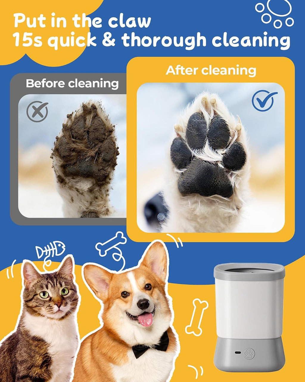 Electric Dog Paw Cleaner for Dogs，2 Speeds Automatic Dog Foot Paw Washer for Small Medium to Large Cat Dog Pet (Grey)