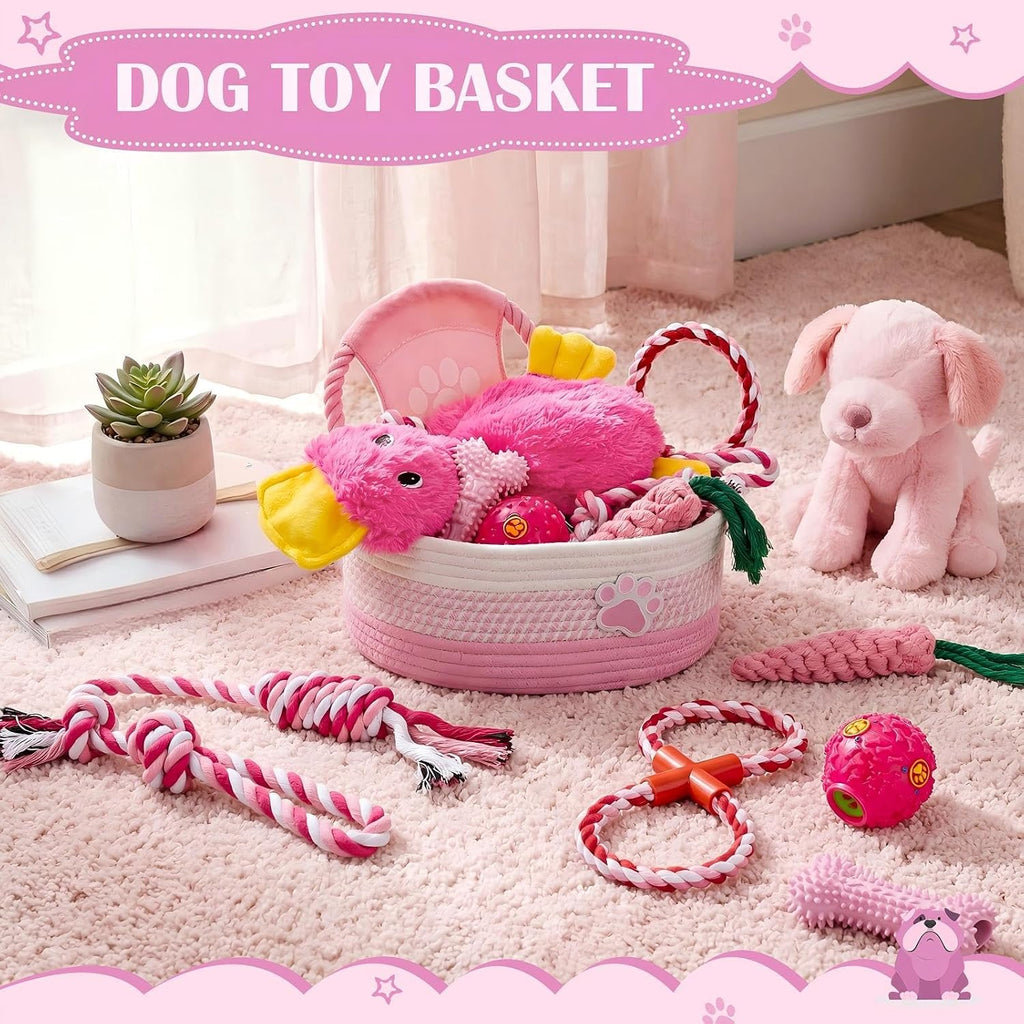 Puppy Dog Toy Gift Storage Basket with Dog Toys Set Chew Toys Birthday Gift Basket Teething Interactive Squeaky Duck for Teething Small Medium Large Dogs(Pink)