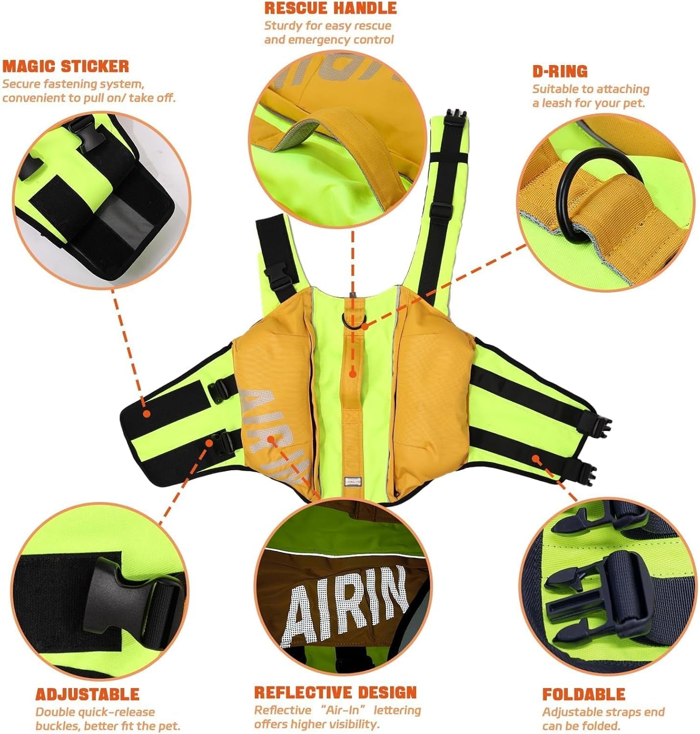 Dog Life Jacket, Safe Swimming Vest for Small & Medium Dogs, Adjustable & Lightweight for Beach, Pool and Boating — a Practical Summer Gift for Doglovers Orange, Size B