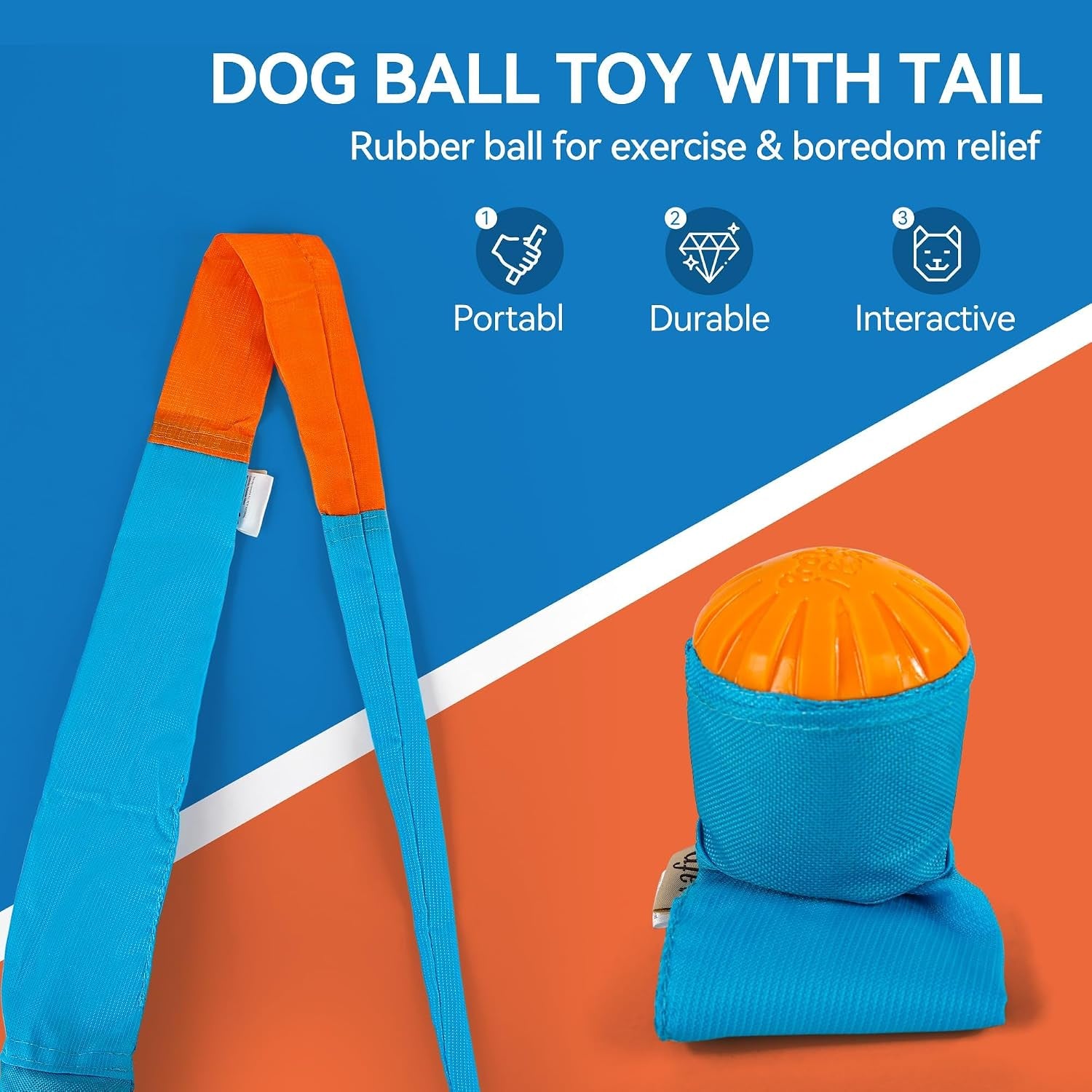 2-Pack Dog Ball Toy with Tail, Interactive Throw & Catch Toy for Medium & Large Dogs, Rubber Ball with Nylon Tail for Exercise & Boredom Relief