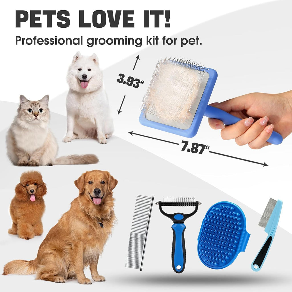 Dog Slicker Brush for Dogs Grooming Kit 5PCS Long Haired Doodles | Goldendoodles Poodles, Skin Friendly Deshedding, Comb and Rake, Removes Undercoat, Professional Detangling, Large, Blue