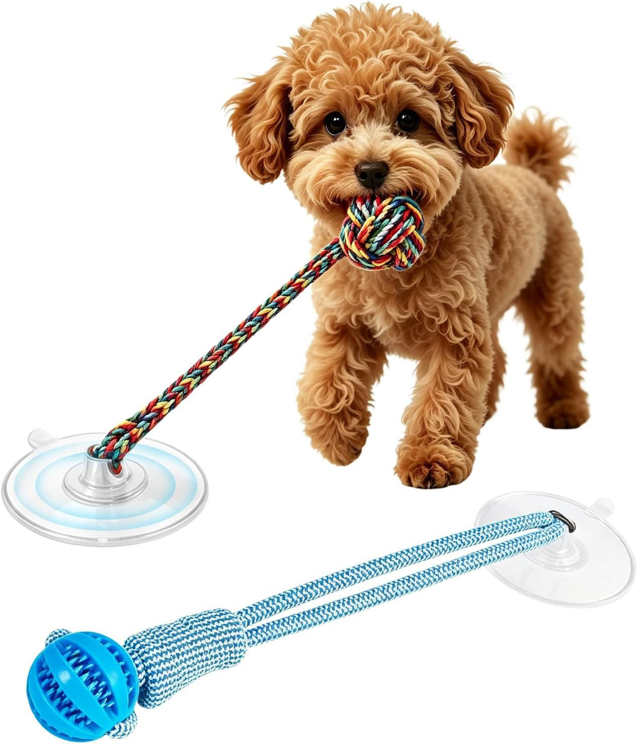 2PCS Dog Tug of War Toy with Suction Cup, Interactive Dog Toy, Pet Cotton Rope with Treat Food Dispensing Ball, Puppy Teething Toys for Chewers