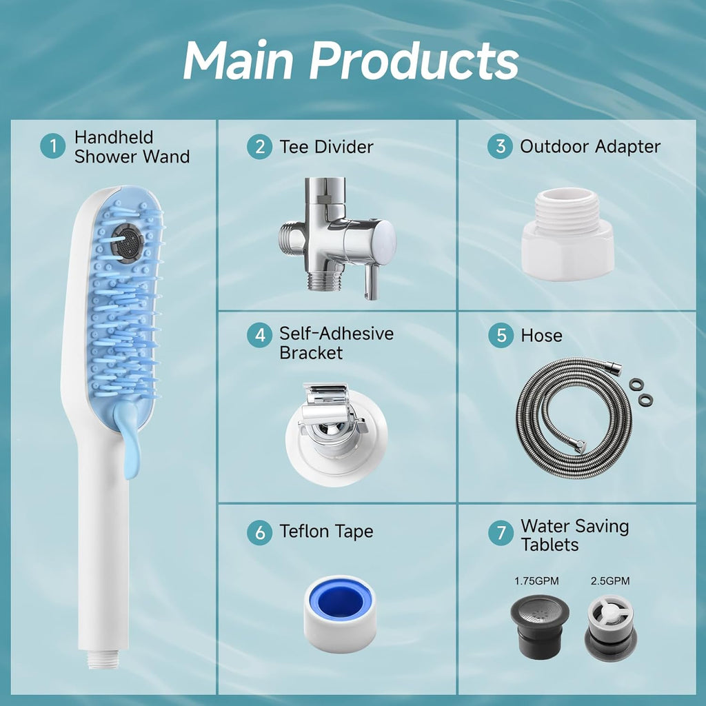 Dog Shower Attachment with 4 Adjustable Settings, Indoor and Outdoor Use | Easy-To-Install Dog Shower Brush for Bathing and Grooming, Blue/White