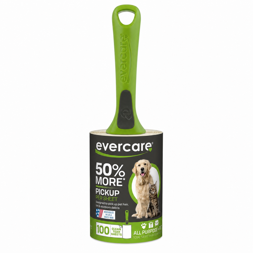 Evercare 50% More All Purpose Pet Hair Remover Sheet with a bright green handle and a black label featuring a golden retriever and a cat.