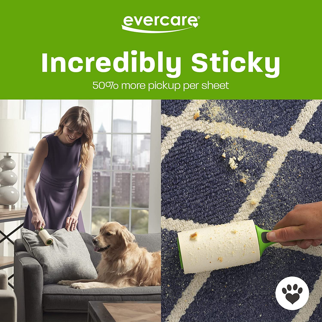 Evercare product advertisement with a woman using a cleaning tool on a couch and a close-up of the tool on a carpet.