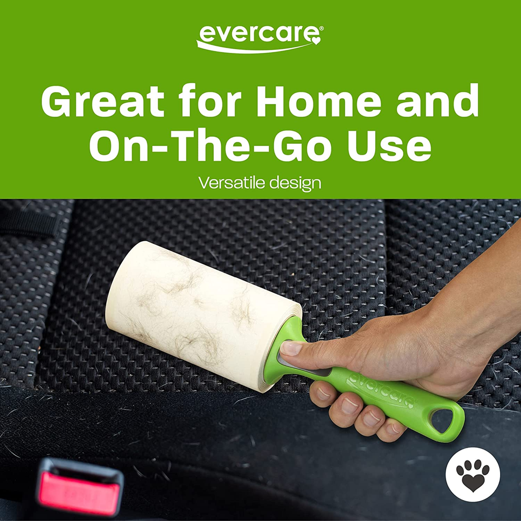 Evercare lint roller being used on a car seat with promotional text about its versatility.