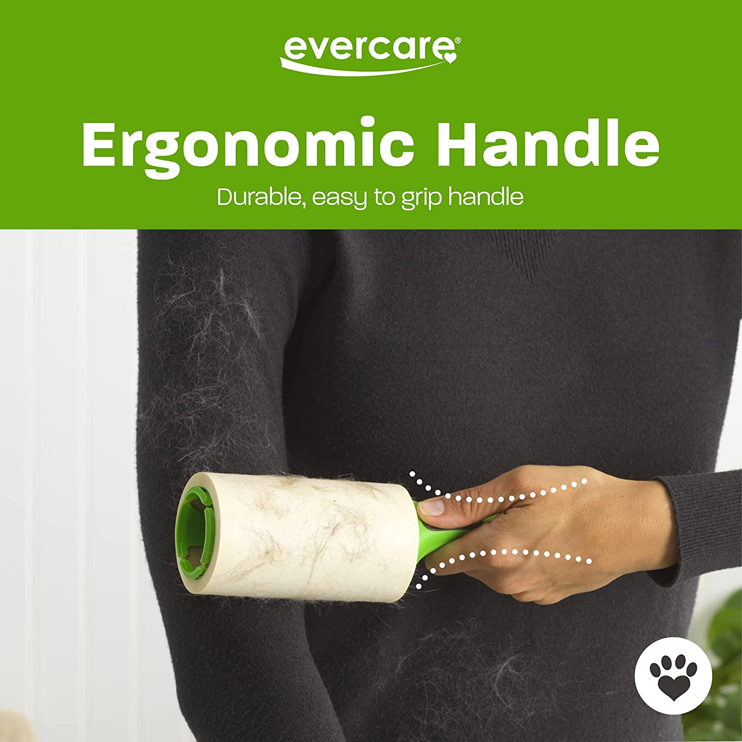 Person using a pet grooming tool with 'evercare' branding and text about an ergonomic handle.
