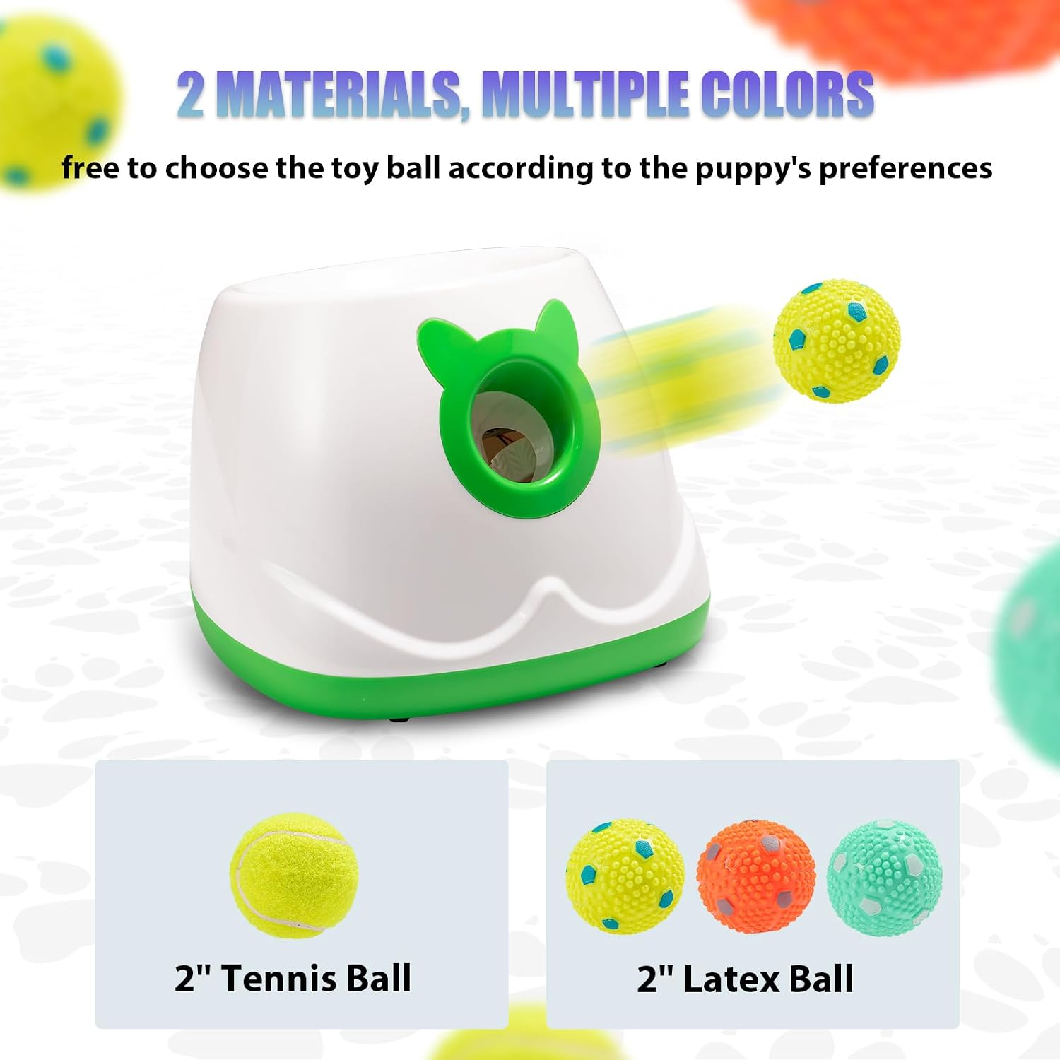 Automatic dog ball launcher sending a textured ball forward, with 2-inch tennis and latex ball options in multiple colors.