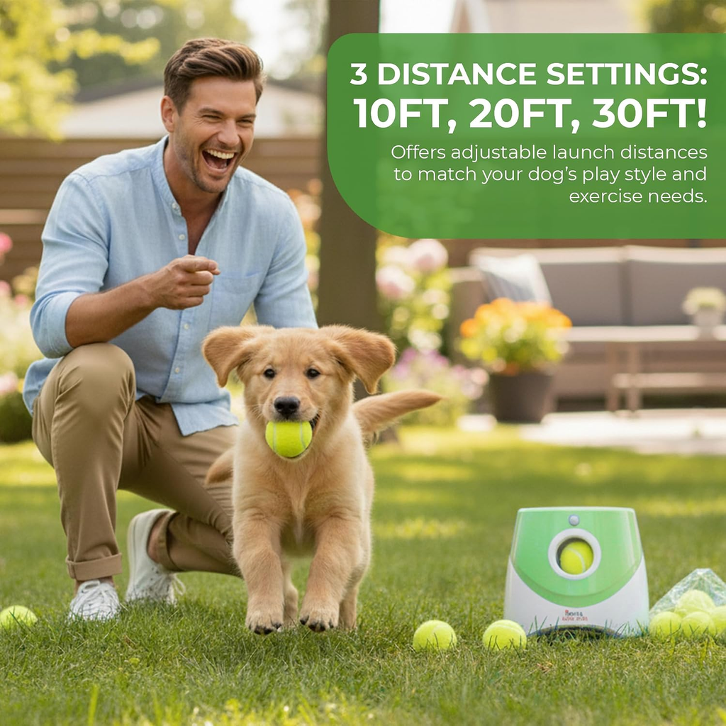 Dog parent playing fetch outdoors with a puppy and the automatic ball launcher set to 10, 20, or 30 feet.