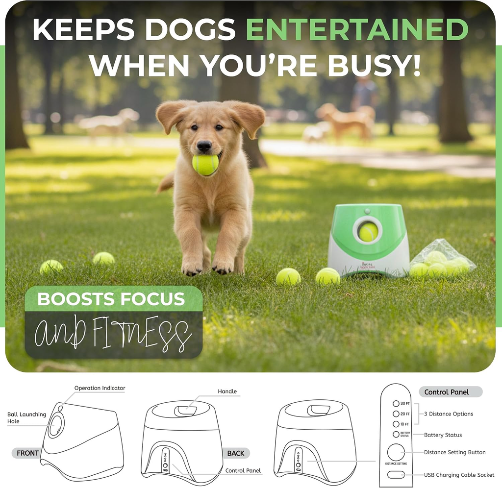 Puppy running toward the automatic dog ball launcher outdoors, with diagrams showing the handle, control panel, charging port, and distance settings.