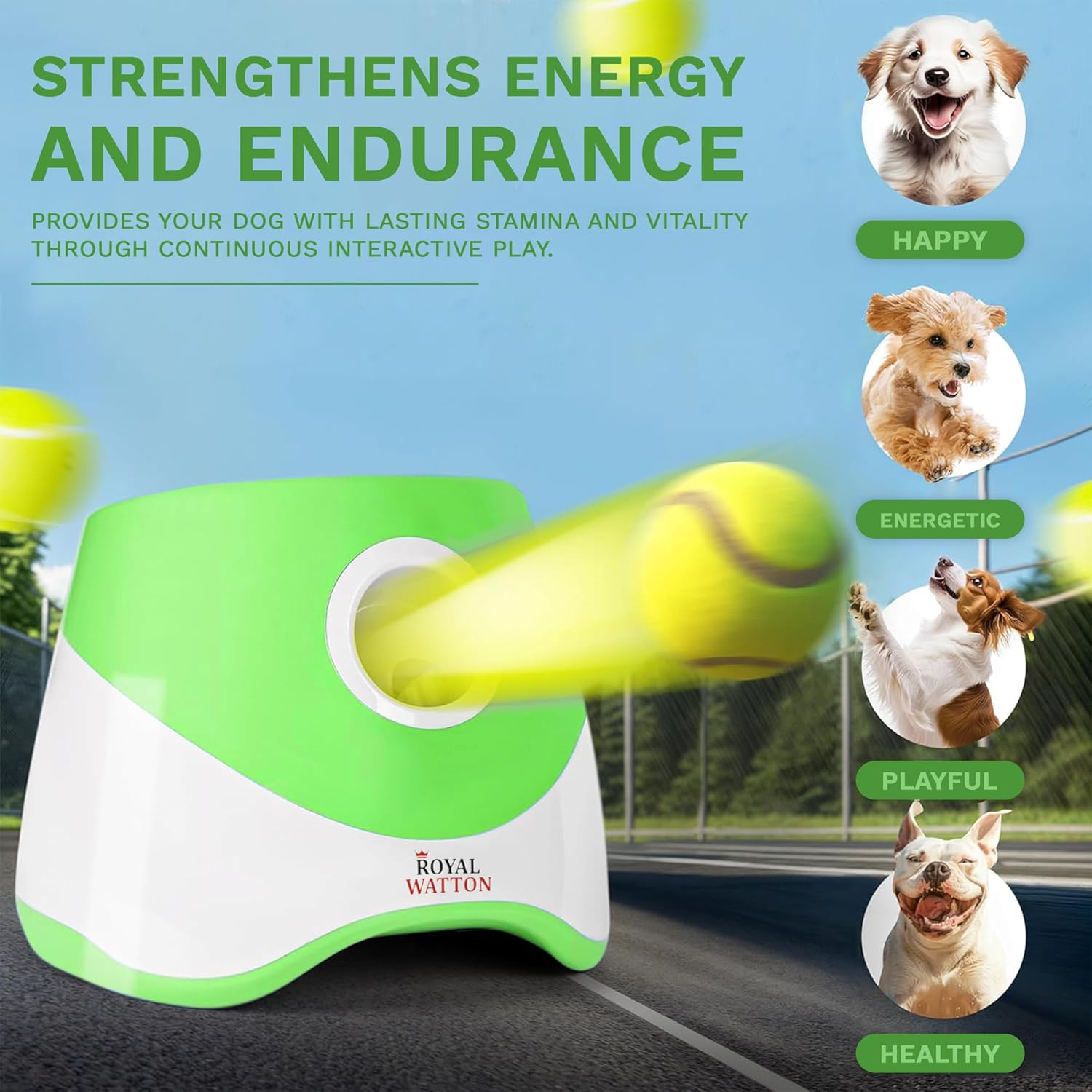 Green and white automatic dog ball launcher sending a tennis ball forward, shown with active dogs to highlight exercise, energy, and endurance.