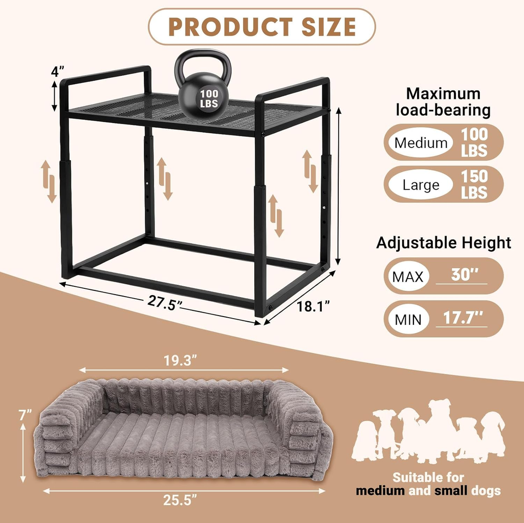 Product size chart with a black metal shelf, kettlebell, and gray dog bed on a beige background.