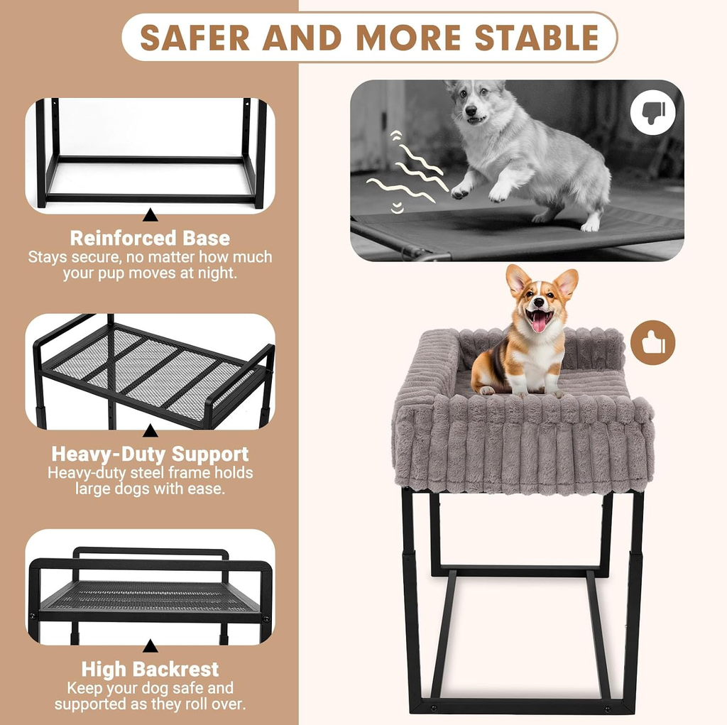 An informational product graphic for a raised dog bed. The main product shown is a gray ribbed fabric dog bed on a black metal frame, with a corgi sitting inside.