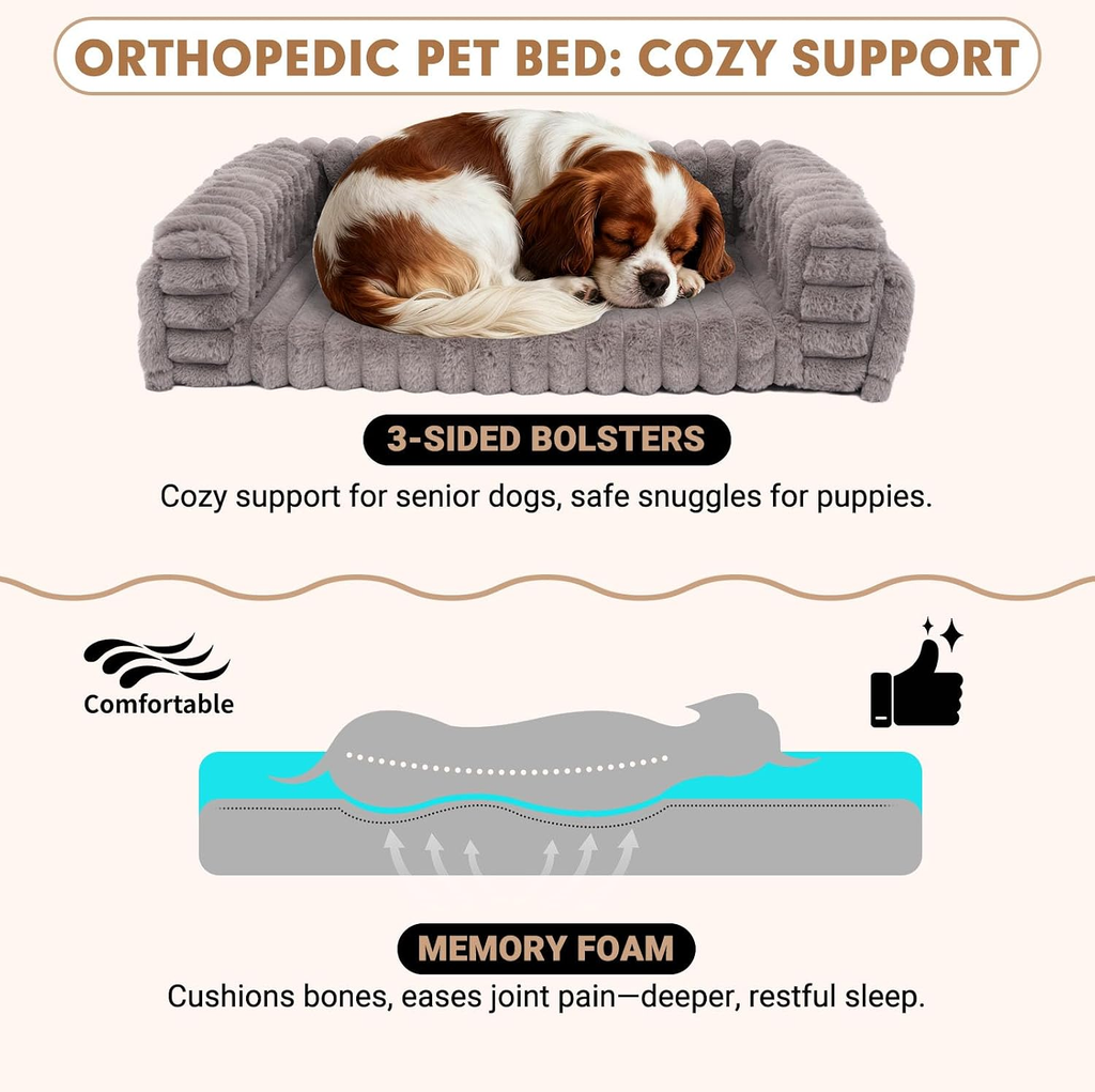 Orthopedic pet bed with a dog sleeping on it, featuring text about its design and benefits.