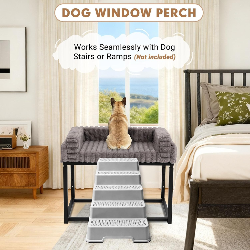Dog window perch with steps in a room setting, featuring a dog looking out a window.