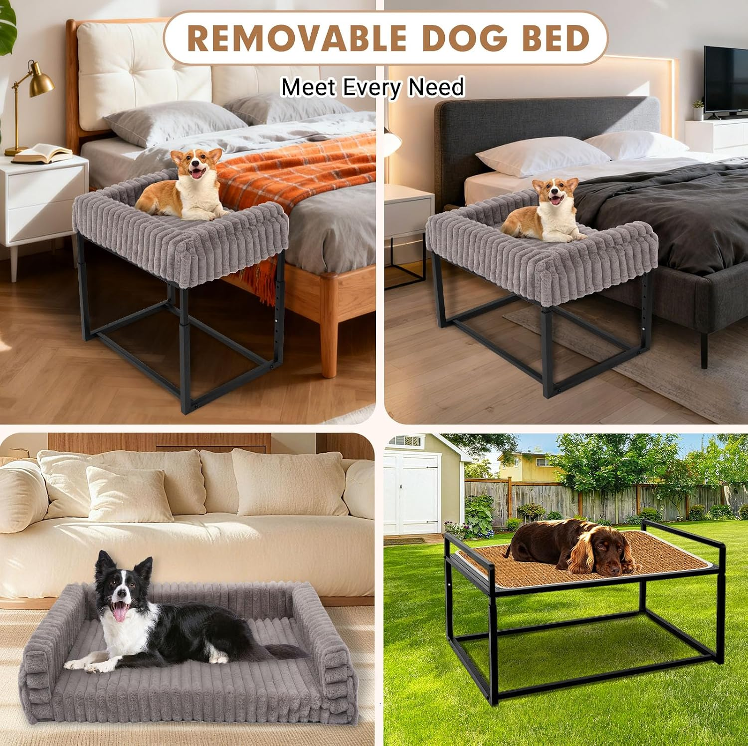 Removable dog bed with various uses including on a bed, couch, and outdoors.