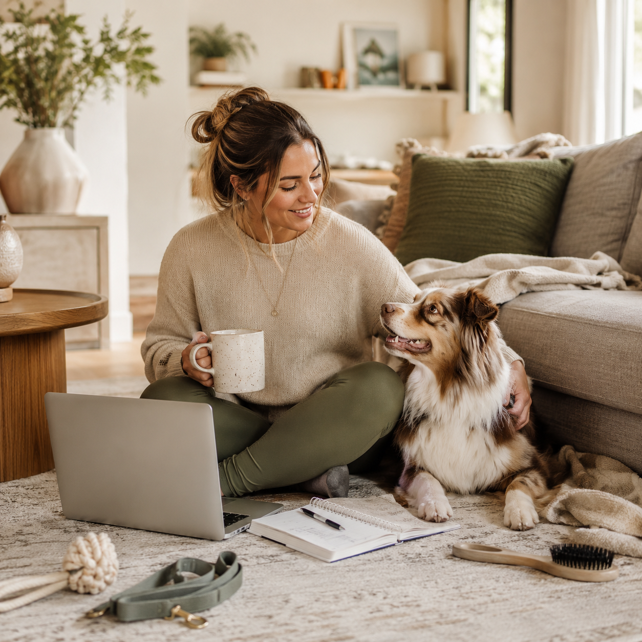 Dog parent sitting at home with a laptop, notebook, coffee, and a happy dog for Good Pup Living blog tips.