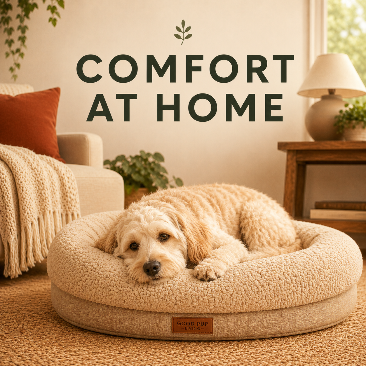 Dog resting in a plush bed in a cozy home setting for everyday comfort.