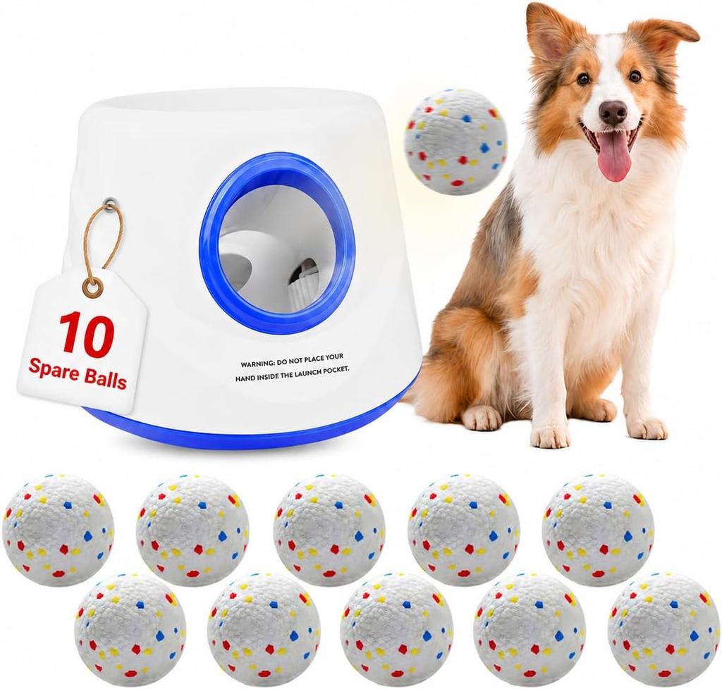 Dog toy launcher with balls and a dog sitting next to it on a white background