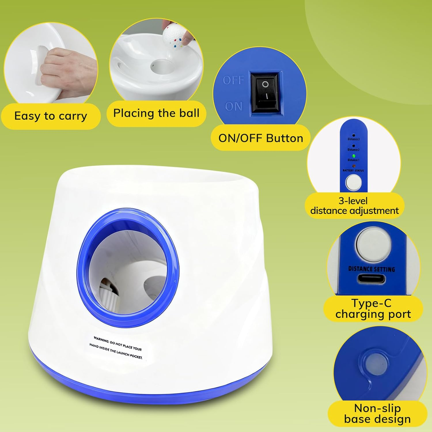 White and blue electronic device with features highlighted on a green background