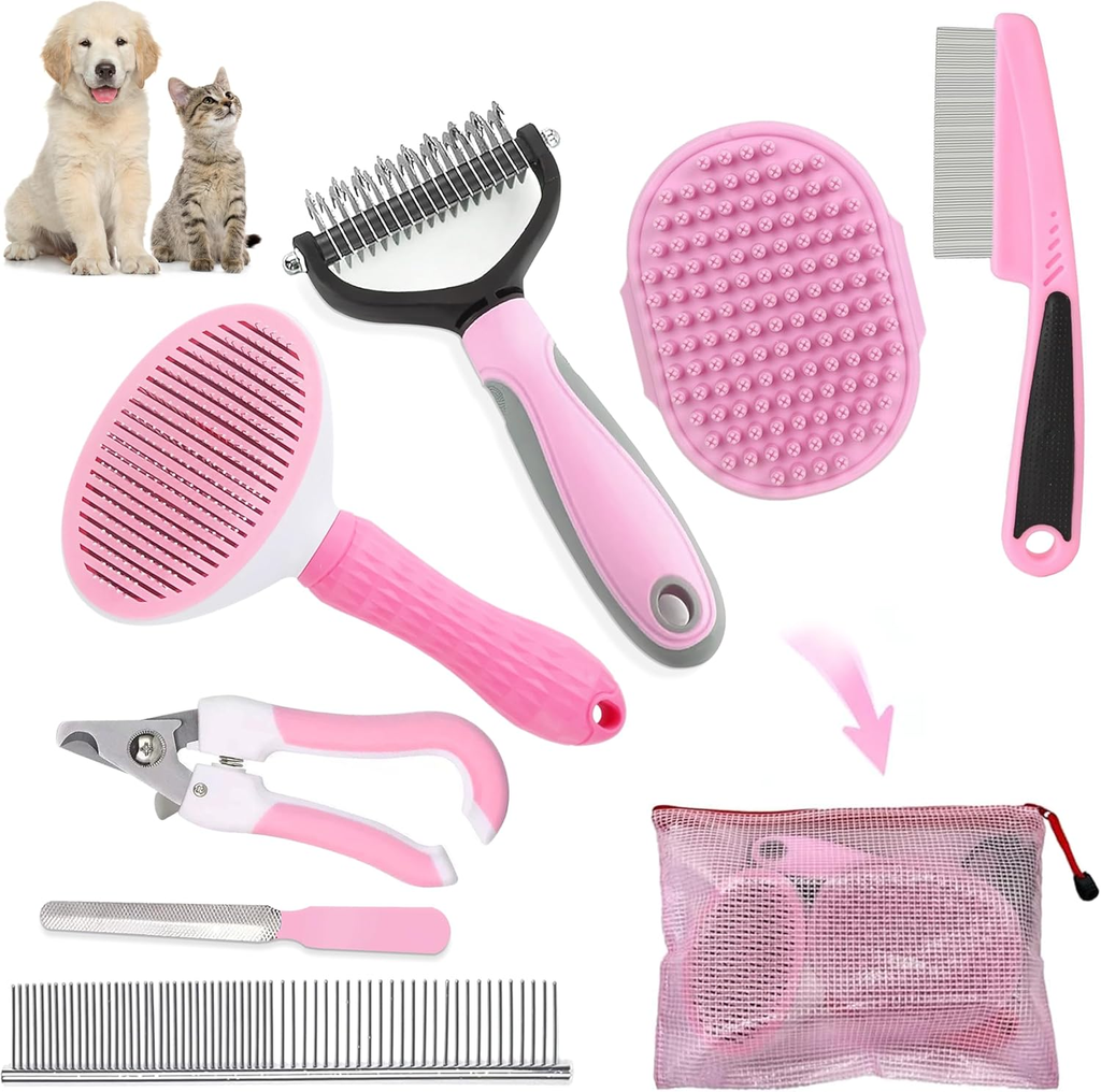 Set of pet grooming tools including brushes, comb, and nail clippers on a white background.