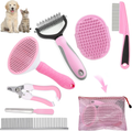 Set of pet grooming tools including brushes, comb, and nail clippers on a white background.