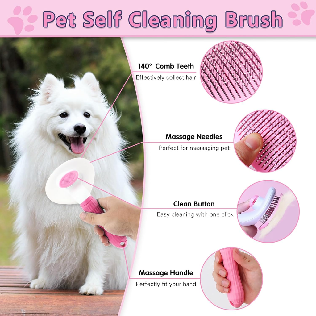 Pet self cleaning brush with features highlighted and a dog using it.