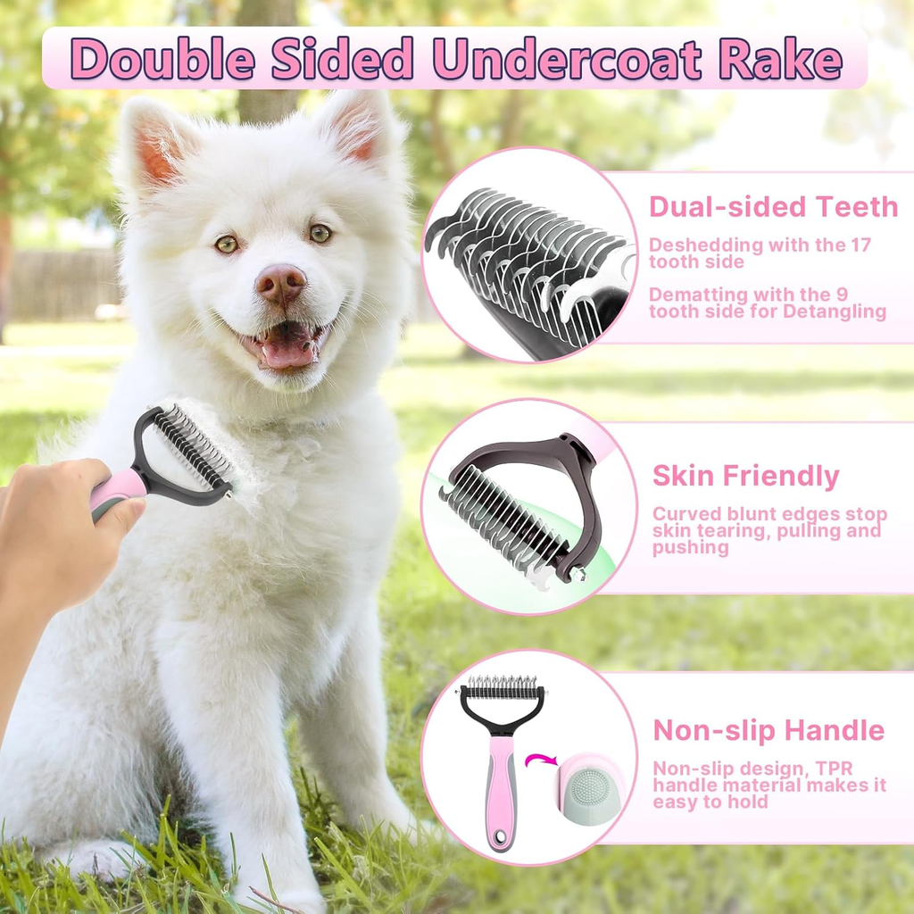 Dog grooming tool with features highlighted, including dual-sided teeth and non-slip handle, used on a white dog outdoors.