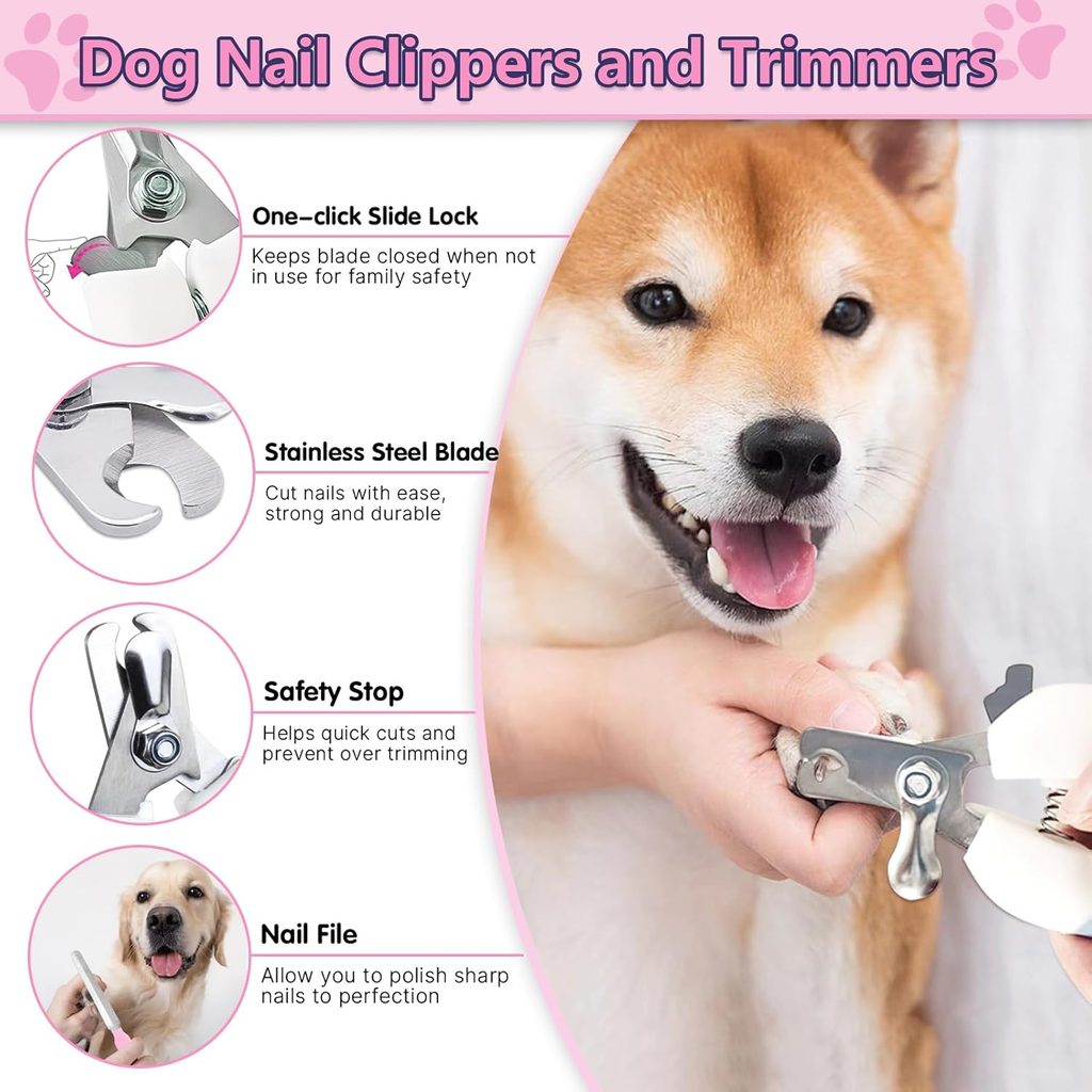 Dog nail clippers and trimmers with a Shiba Inu being groomed, featuring text on product features.