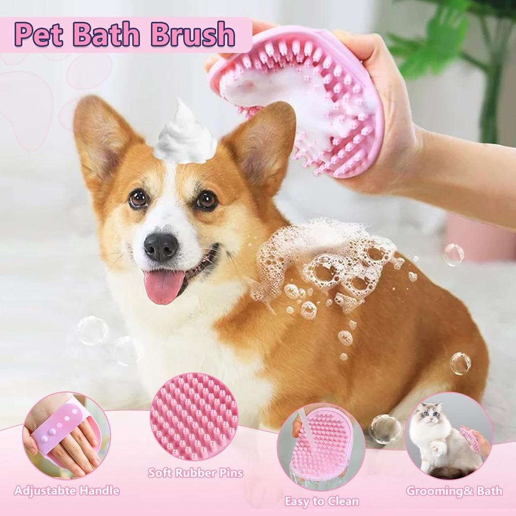 Dog being bathed with a pink pet bath brush, surrounded by close-up insets of the brush and text highlighting features.