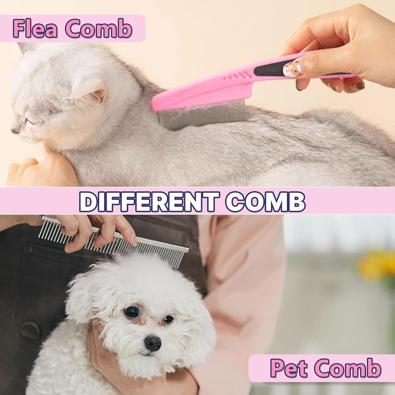 Two images showing a flea comb and a pet comb being used on pets.