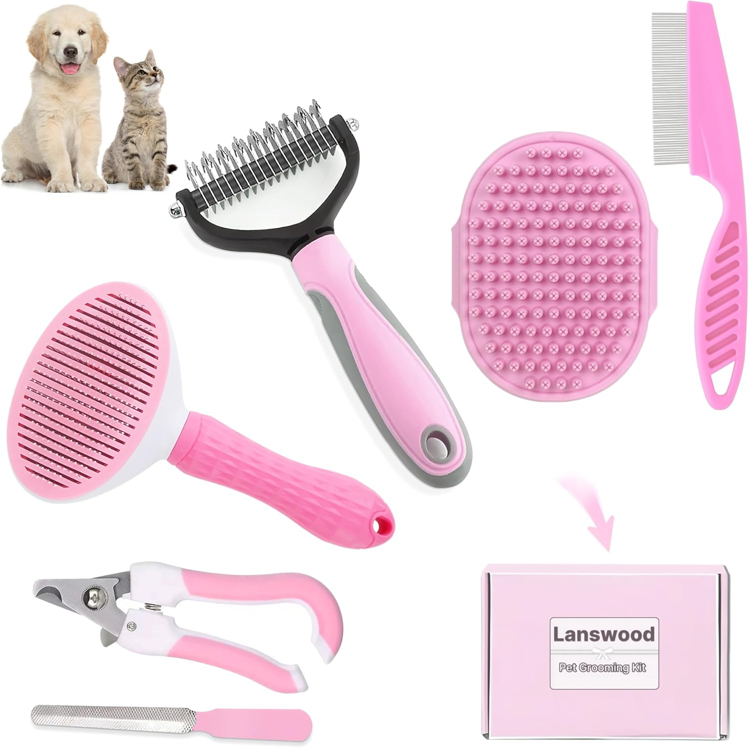 Set of pet grooming tools including brushes and nail clippers with Lanswood branding.