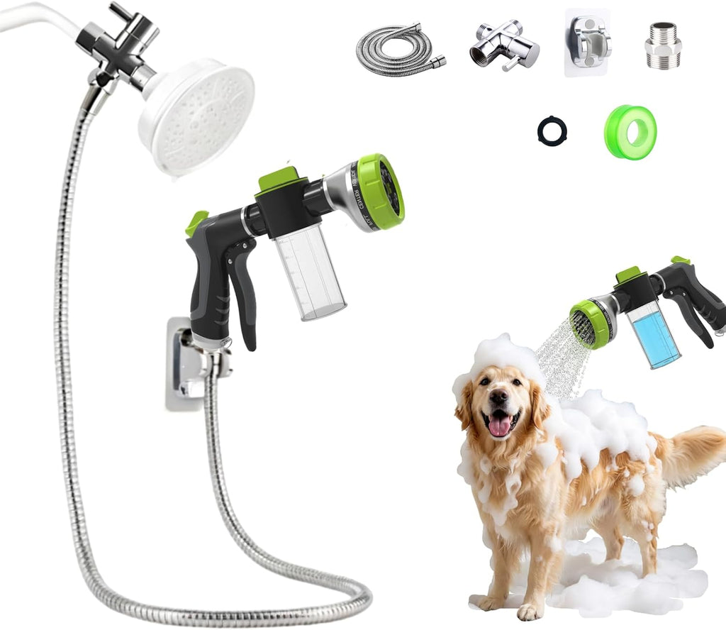 Dog shower system with various nozzles and a dog being bathed.