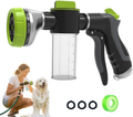 Pet shower head with hose and nozzles, woman washing a dog.