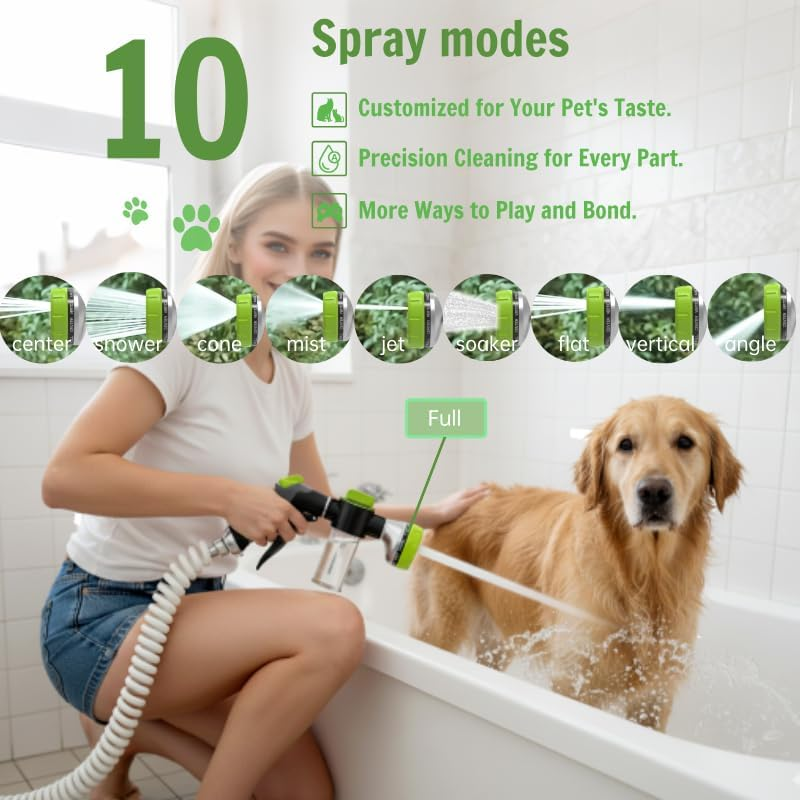 Person using a pet shower head with a dog in a bathtub, featuring spray modes on screen.