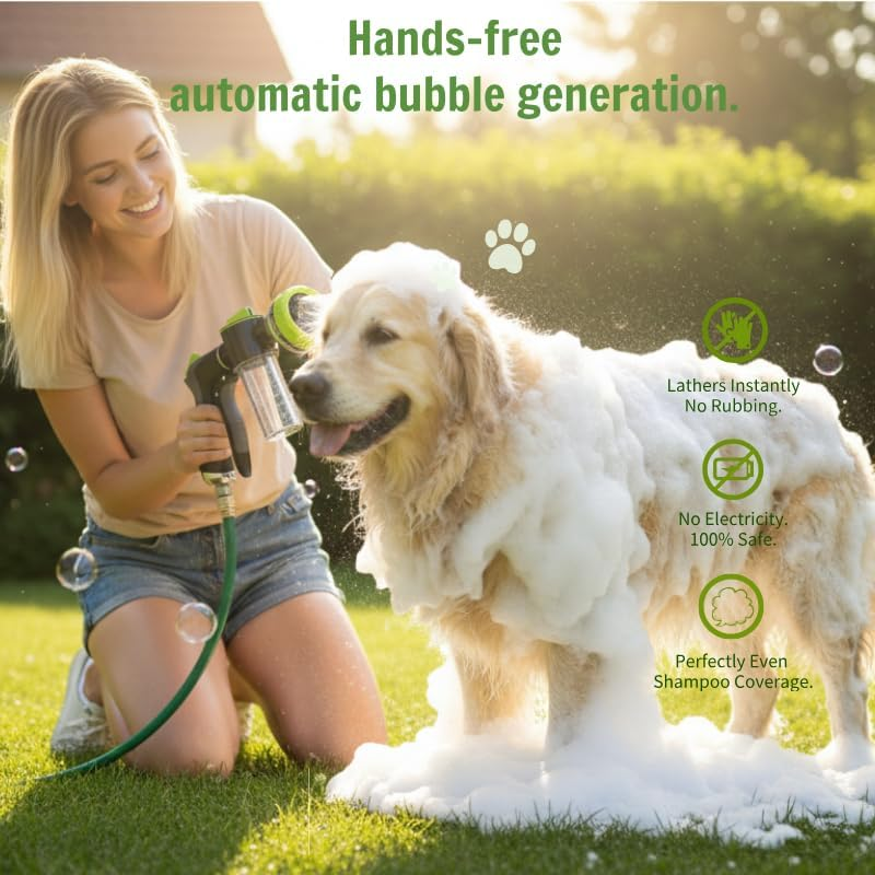 Woman washing a dog with a hands-free automatic bubble generation device in a grassy area.