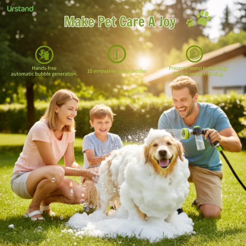 Family washing a dog with a hose in a park, with text about pet care products.
